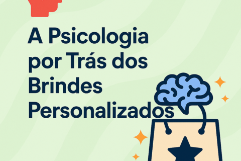 Design digital em 2D com foco em brindes personalizados para empresas, representando conceitos de psicologia do consumidor e marketing B2B. A imagem inclui elementos gráficos como sacos promocionais, canetas com logotipo, e ícones de cérebro e comportamento humano, ilustrando a relação entre brindes e resposta emocional positiva.