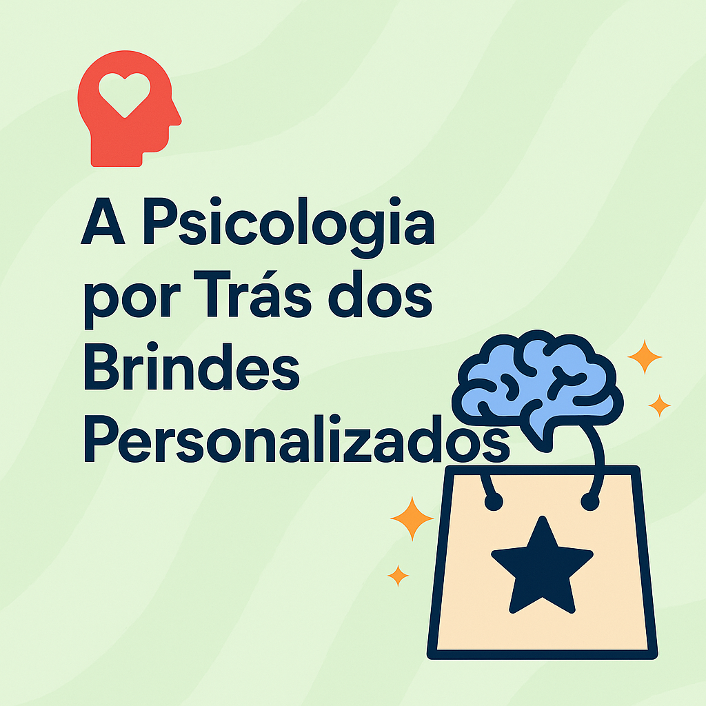 Design digital em 2D com foco em brindes personalizados para empresas, representando conceitos de psicologia do consumidor e marketing B2B. A imagem inclui elementos gráficos como sacos promocionais, canetas com logotipo, e ícones de cérebro e comportamento humano, ilustrando a relação entre brindes e resposta emocional positiva.