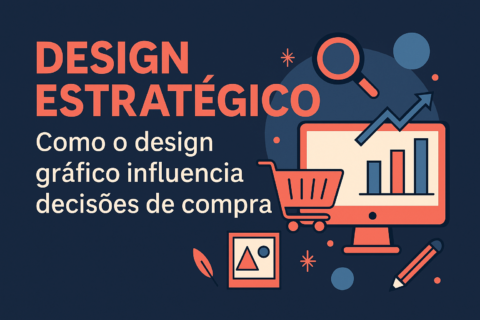 Ilustração digital representando elementos de design gráfico estratégico, com consumidores analisando cores, formas e identidade visual de produtos para tomada de decisão de compra.